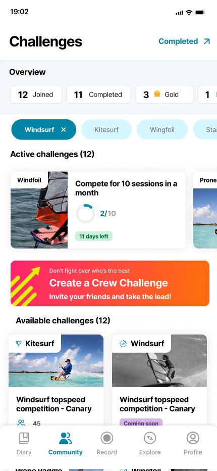 Challenges in the Waterspeed app: active and available challenges