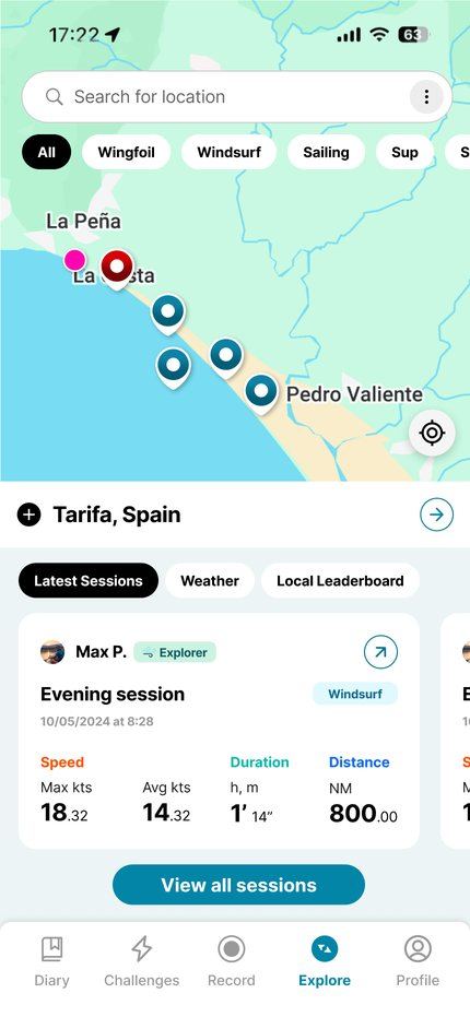 Explore+ in the Waterspeed app: map of Tarifa with latest sessions